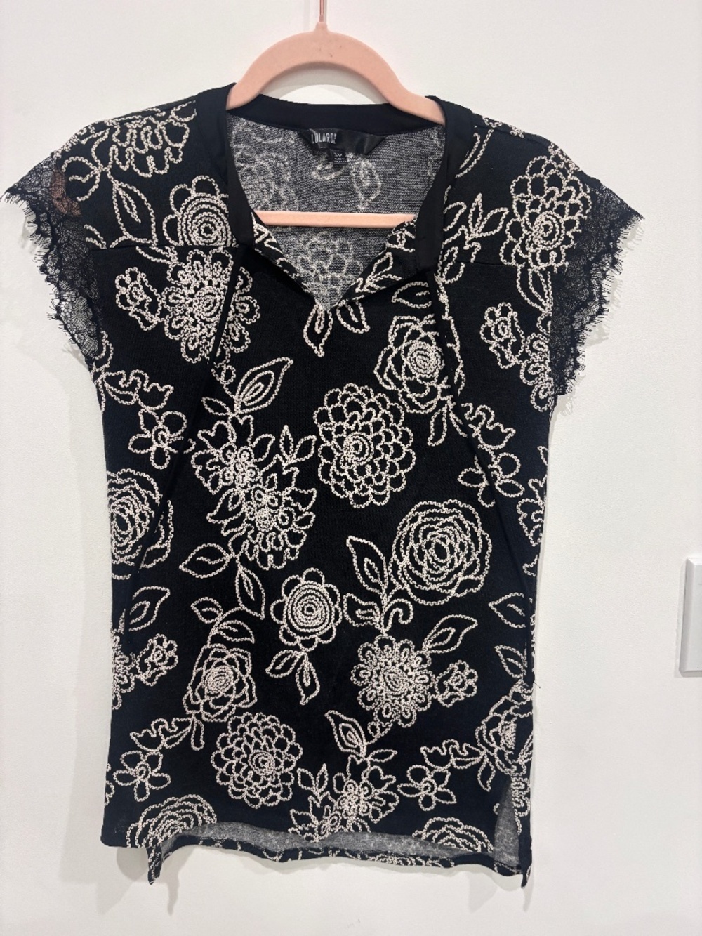 LuLaRoe Grace Blouse XXS Black White Floral Embroidery Lace Cap Sleeve Top